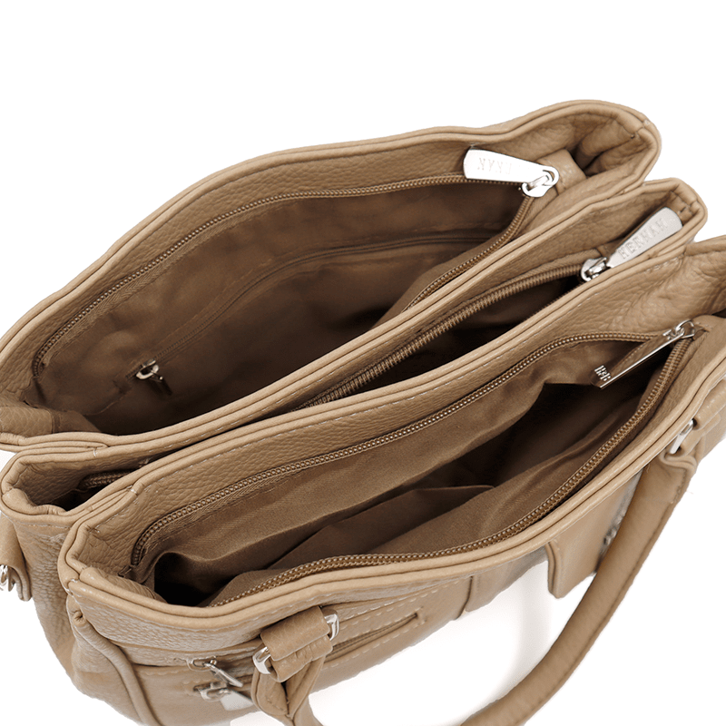 Női táska 3 rekesszel és sok zsebbel  - világosbarna