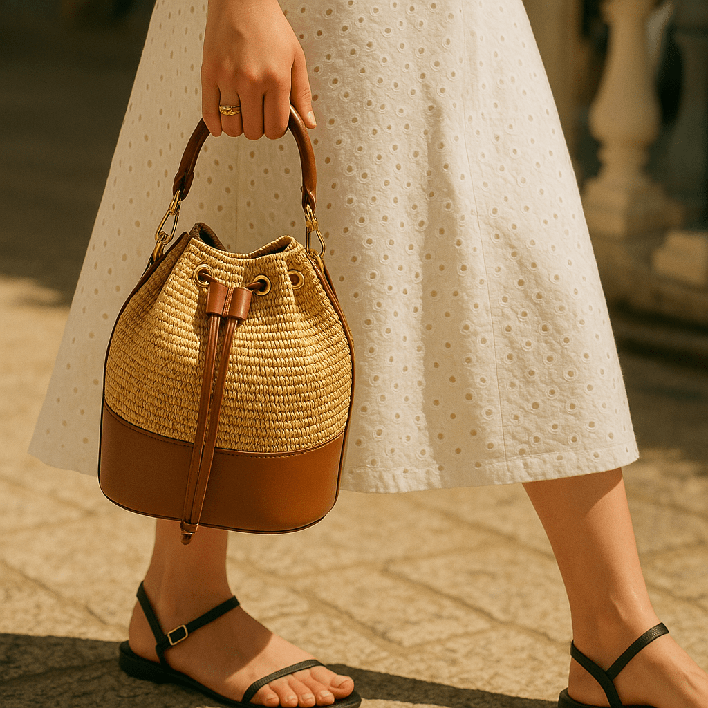 Természetes bőr és rafia táska Arla - barna