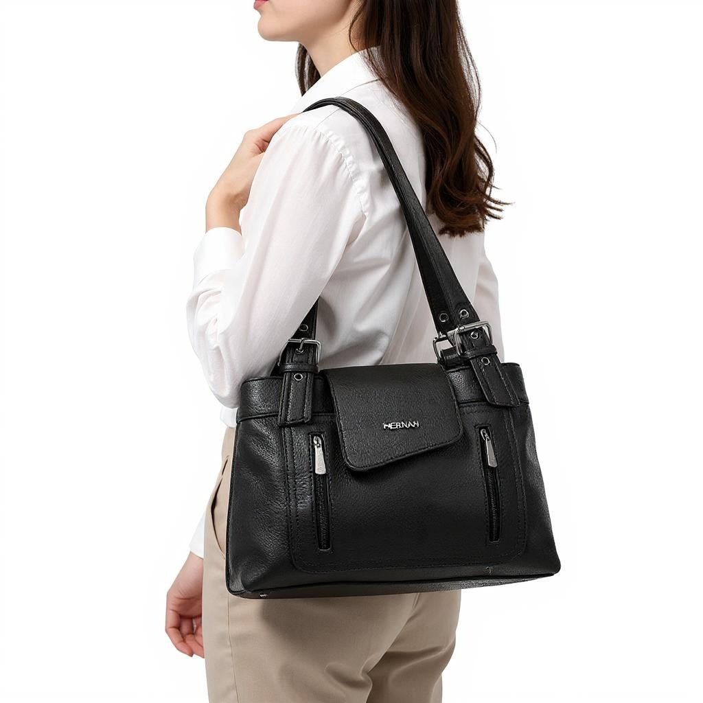 Női táska két rekesszel és sok zsebbel - fekete