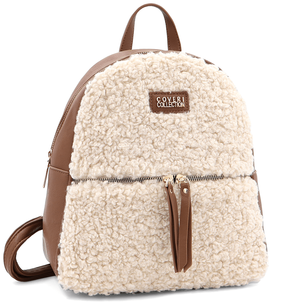 Plüss női hátizsák – bézs / téglabarna