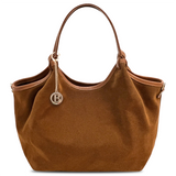 Nagy méretű női táska, zsák fazon, természetes velúrból – téglabarna