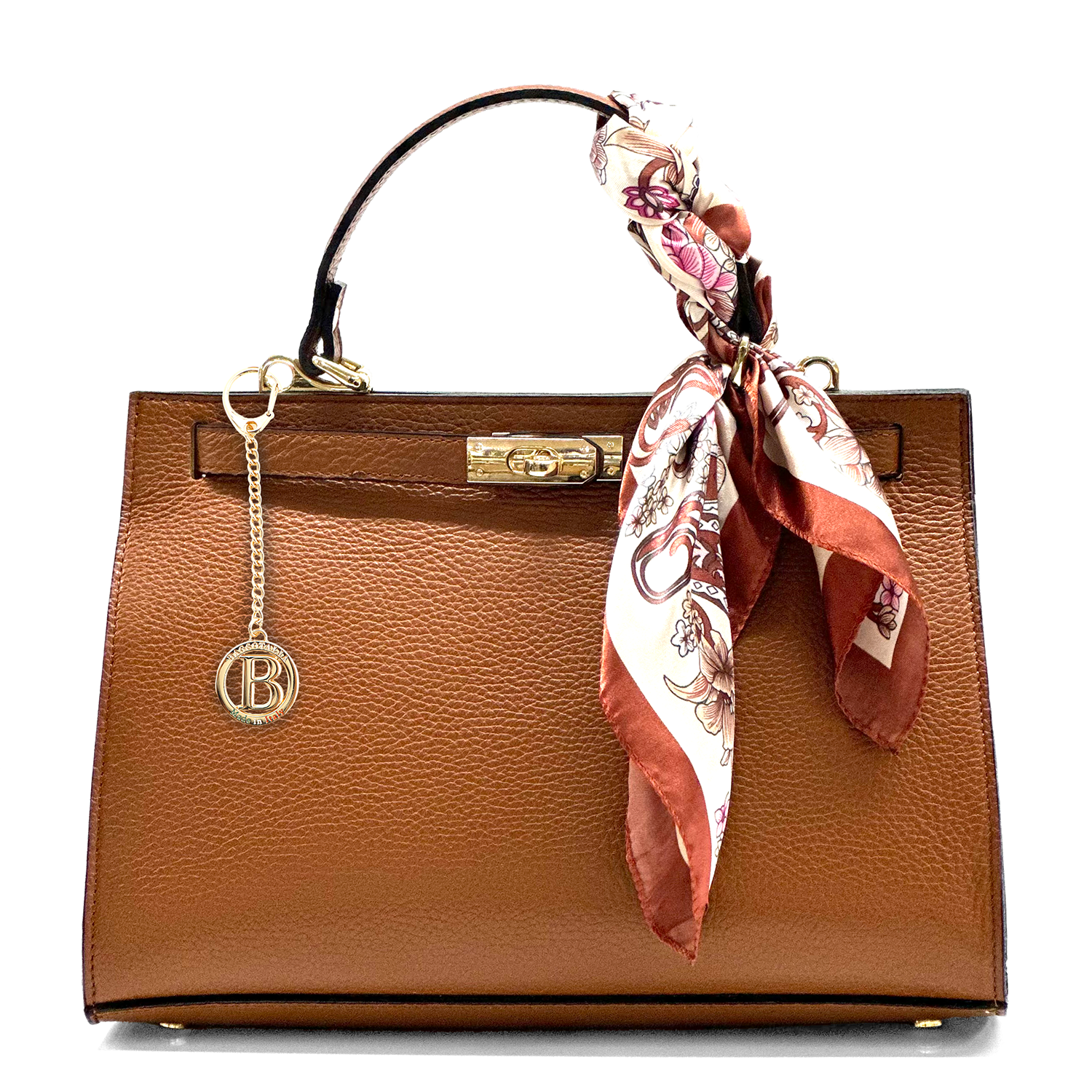 Női táska természetes bőrből sállal – téglabarna