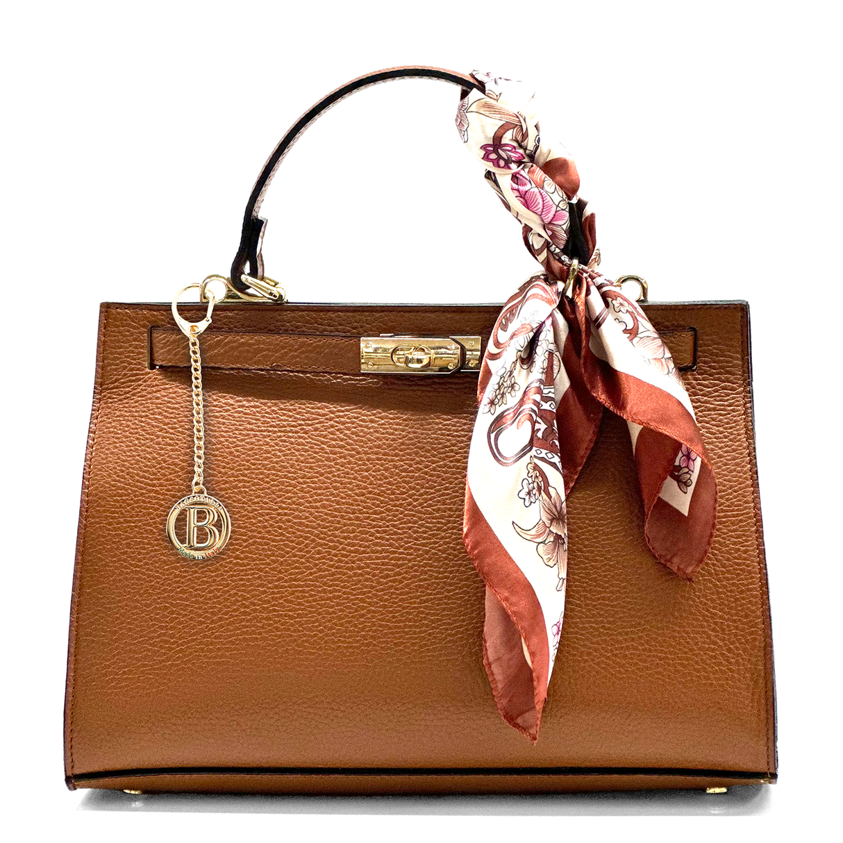 Női táska természetes bőrből sállal – téglabarna