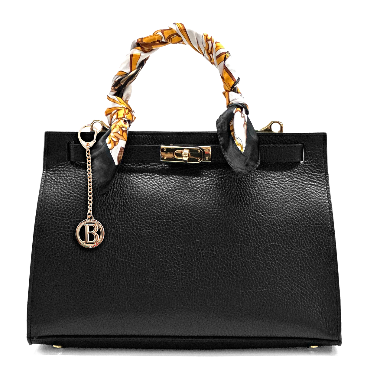 Női táska természetes bőrből sállal – fekete