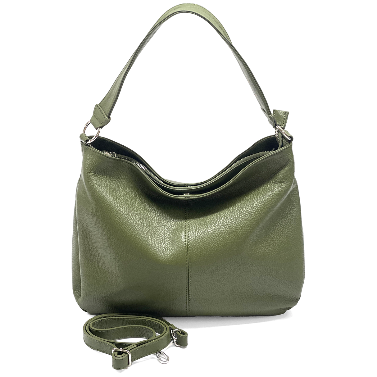 Nagy méretű női táska, természetes bőrből, három rekesszel – zöld