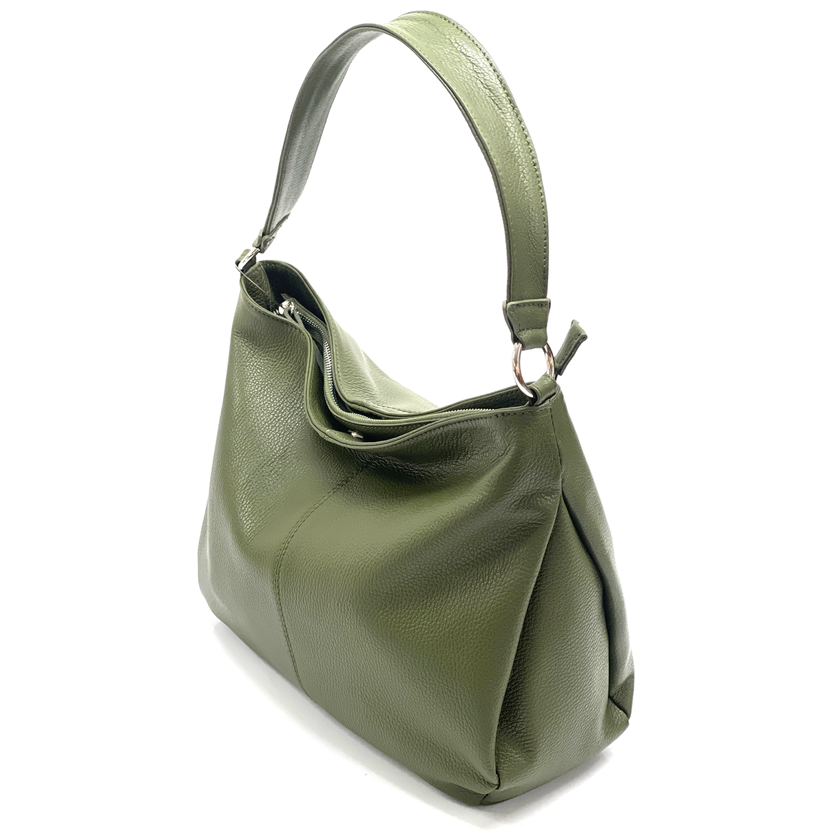 Nagy méretű női táska, természetes bőrből, három rekesszel – zöld