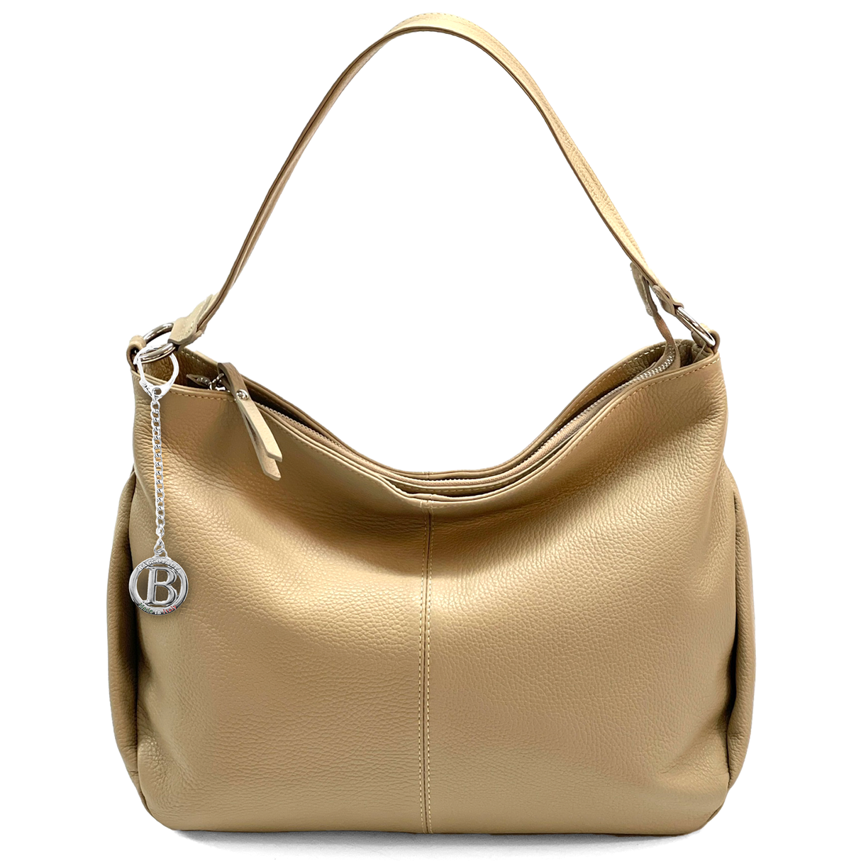 Nagy méretű női táska, természetes bőrből, három rekesszel – világosbarna