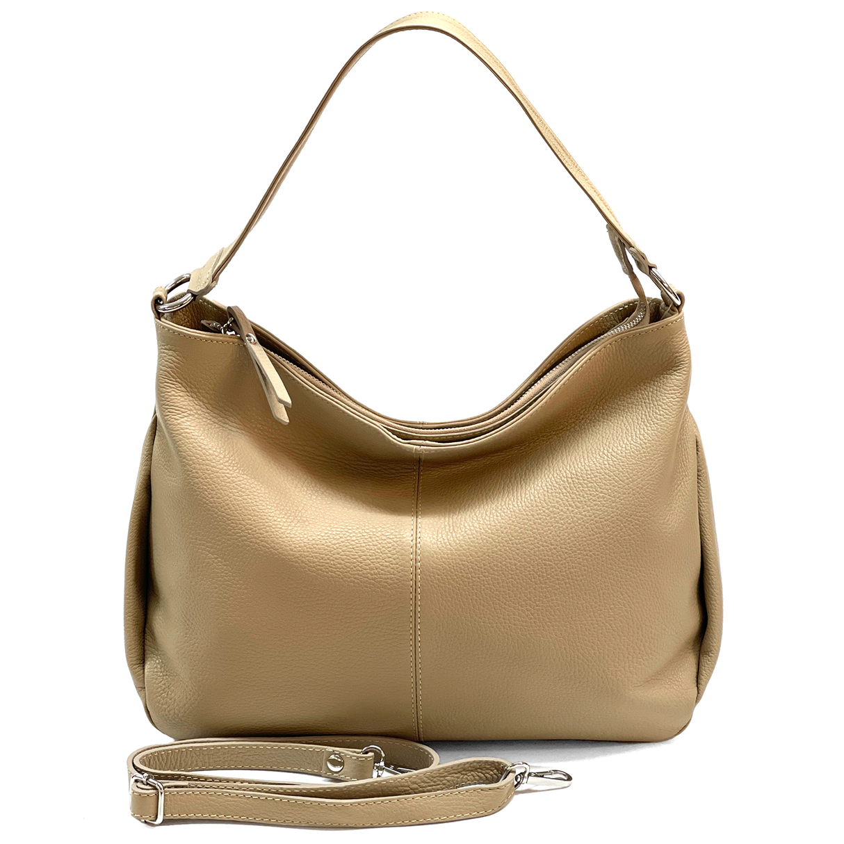 Nagy méretű női táska, természetes bőrből, három rekesszel – világosbarna