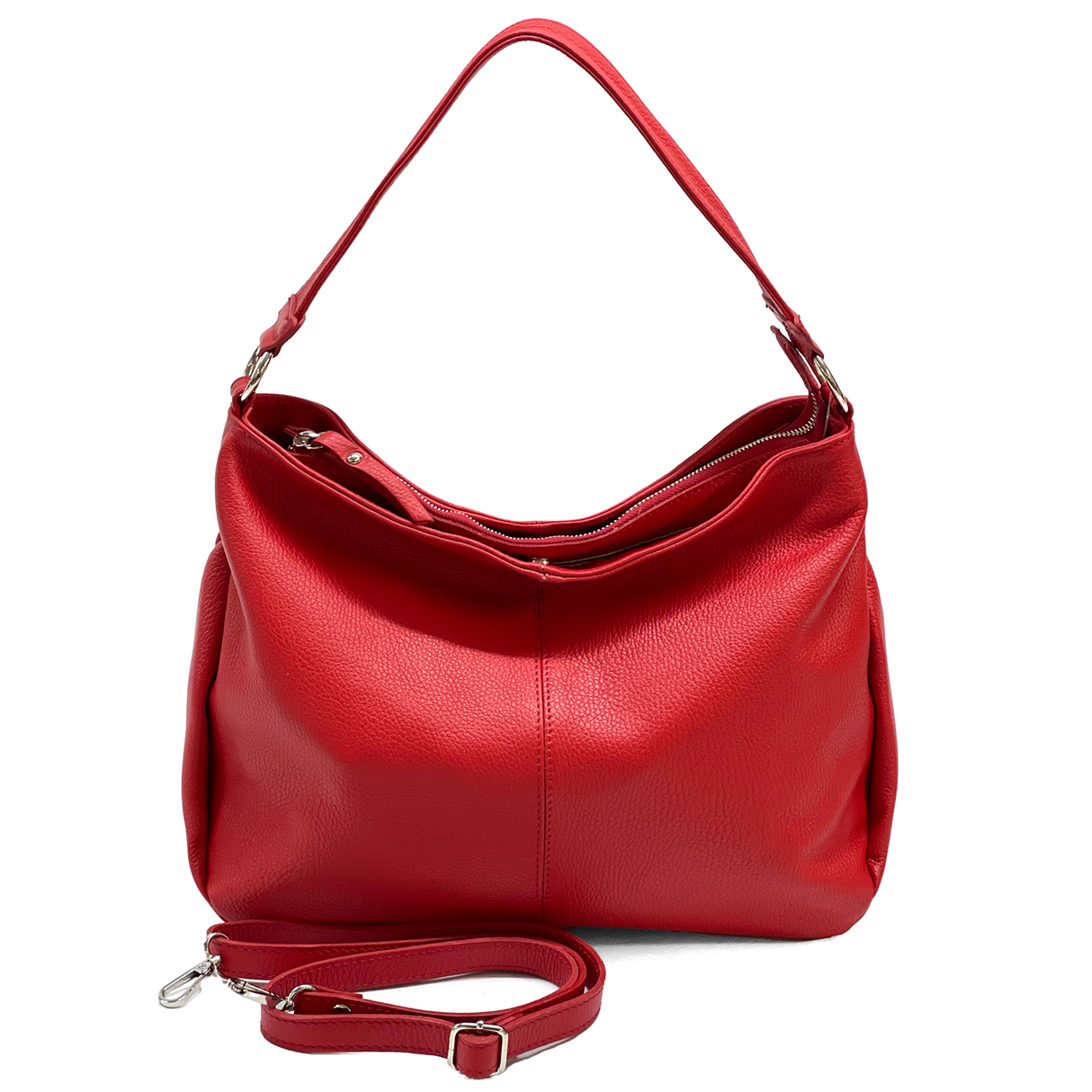 Nagy méretű női táska, természetes bőrből, három rekesszel – piros