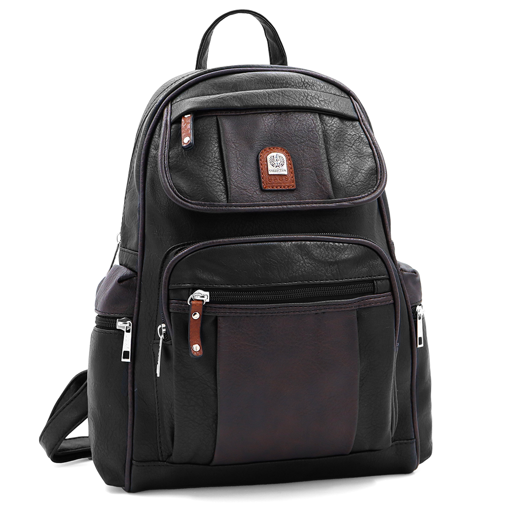 Női hátizsák sok zsebbel – fekete/barna