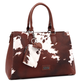 Nagy női táska 3 rekesszel és tehénmintával – téglabarna