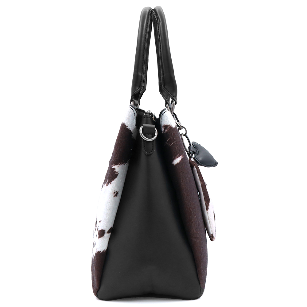 Nagy női táska 3 rekesszel és tehénmintával – fekete