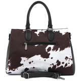 Nagy női táska 3 rekesszel és tehénmintával – fekete
