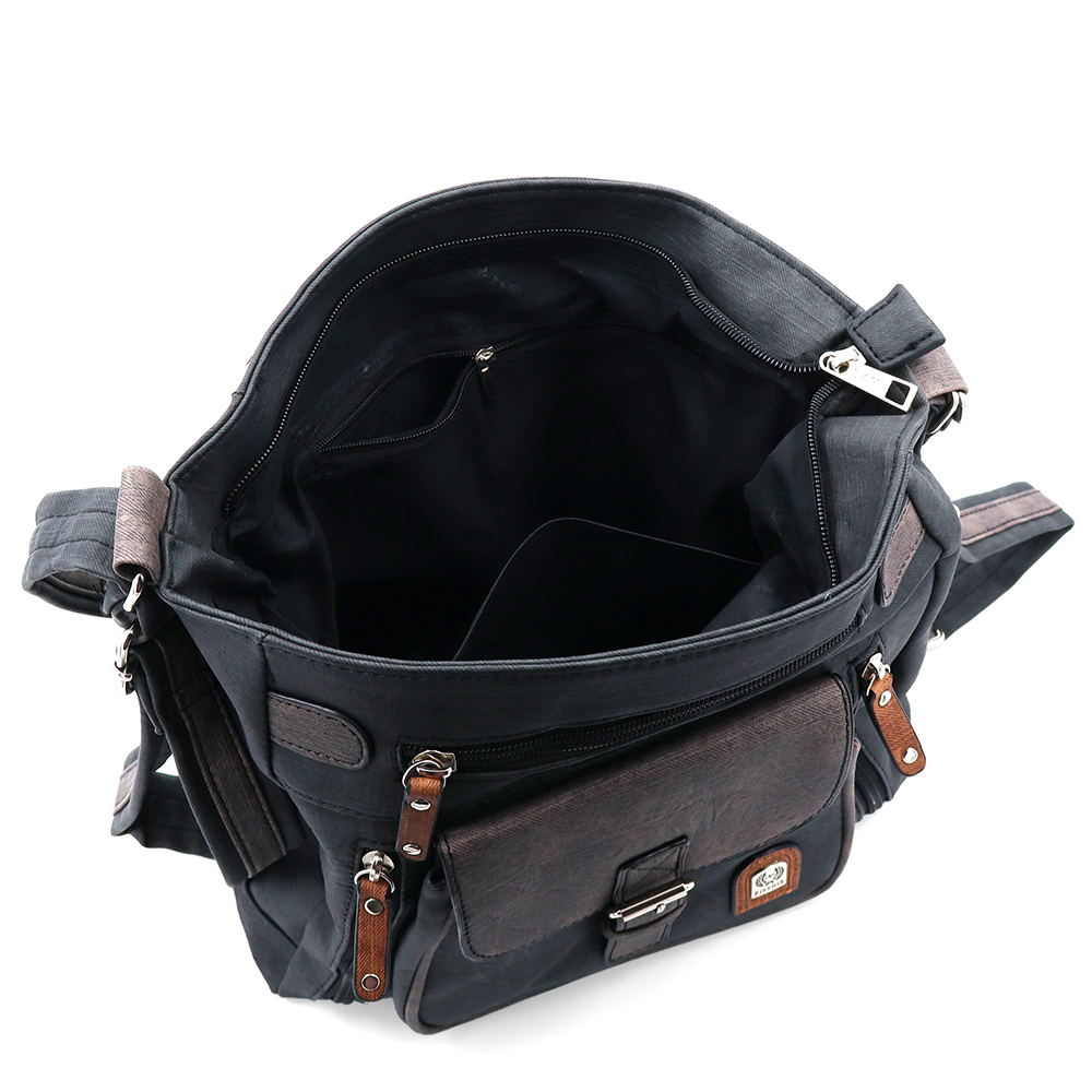 2 az 1-ben – táska és hátizsák sok zsebbel – fekete/világosbarna