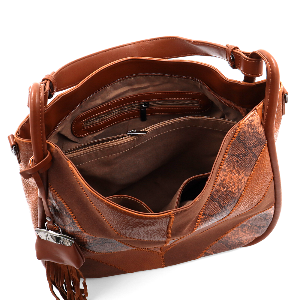 Nagy méretű női táska, kígyóbőr mintás – téglabarna