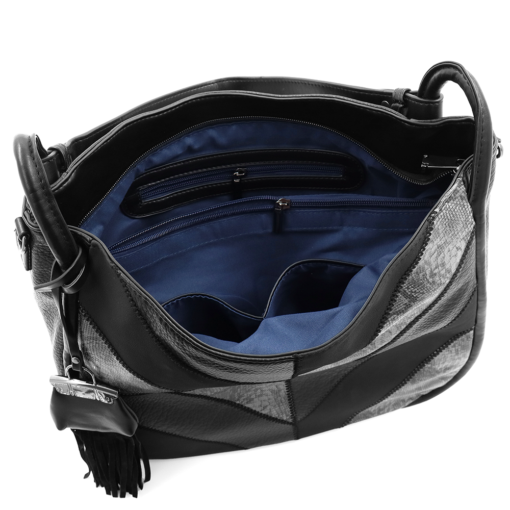 Nagy méretű női táska, kígyóbőr mintás – fekete