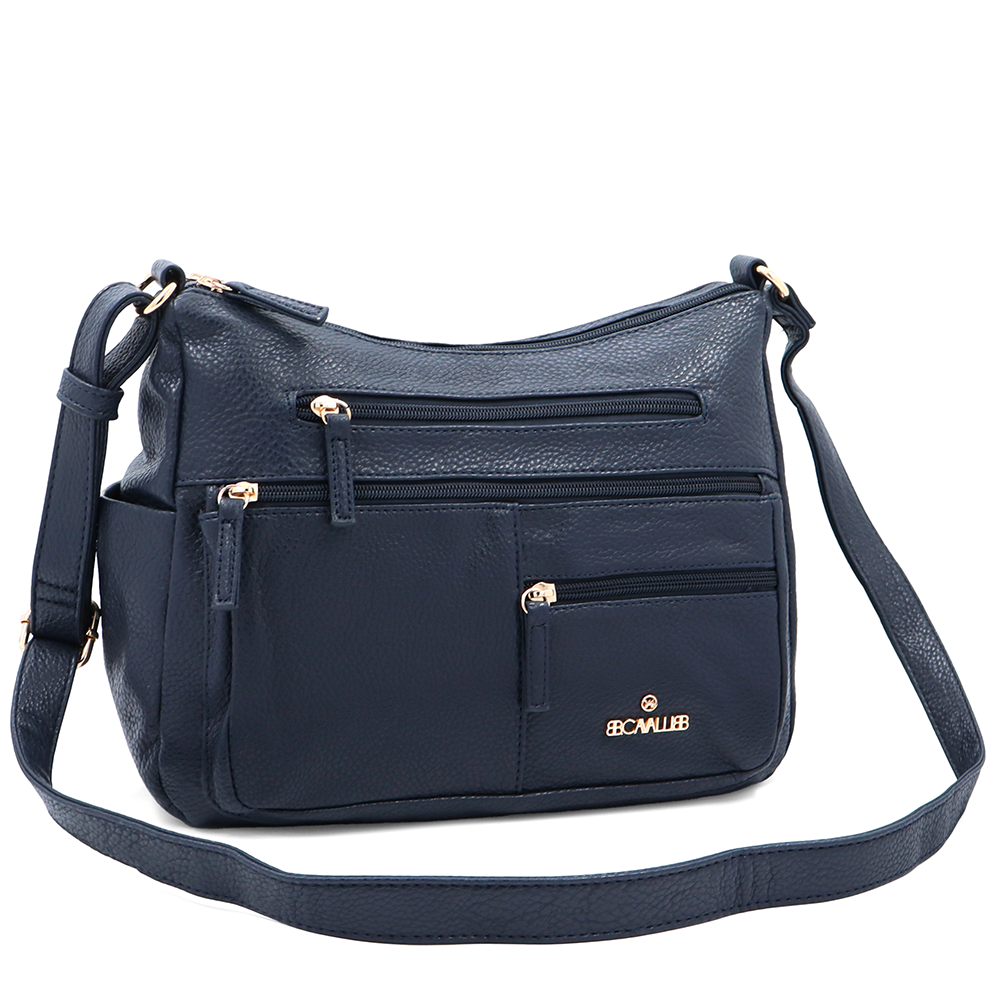 Kétrekeszes női válltáska sok zsebbel – sötétkék