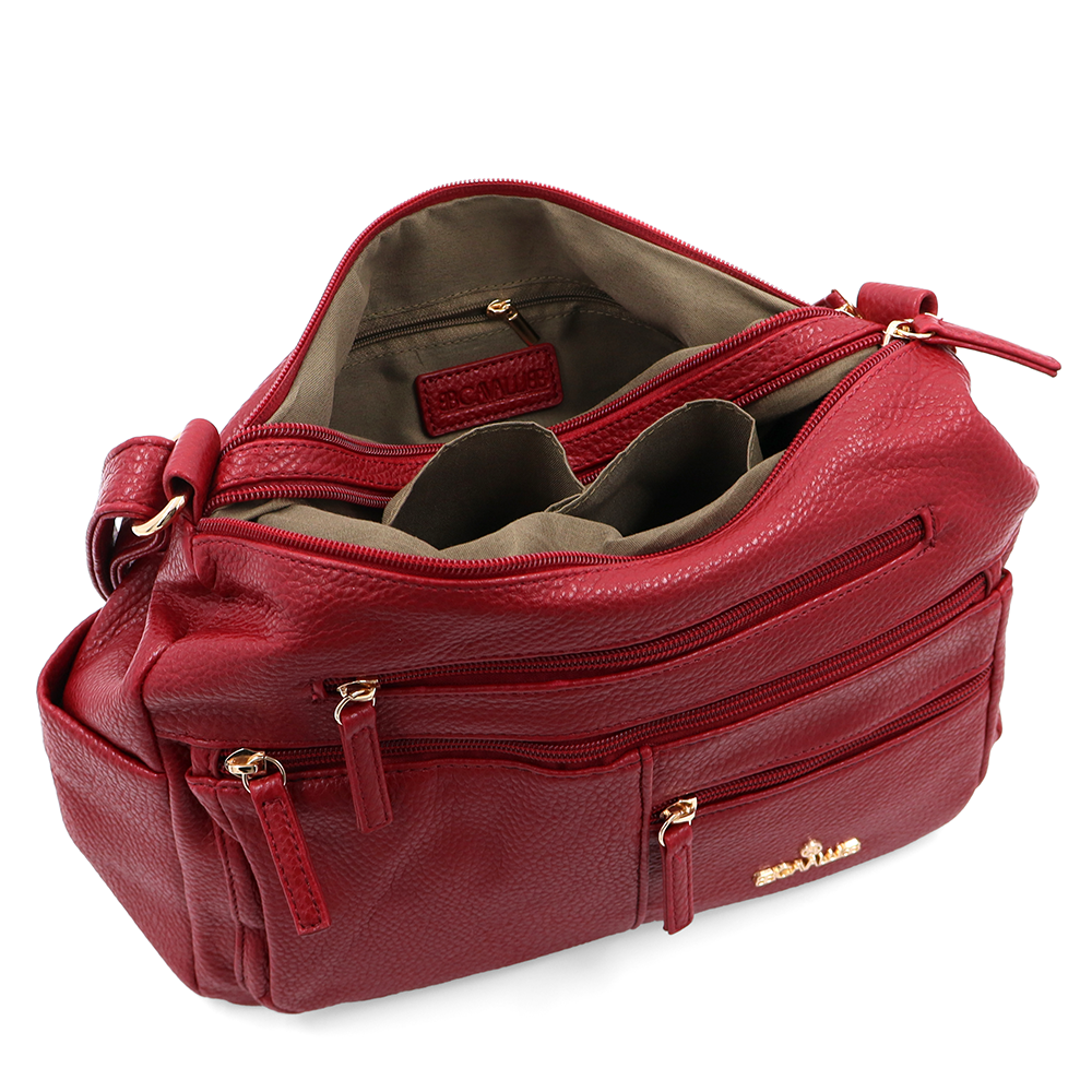 Kétrekeszes női válltáska sok zsebbel – piros