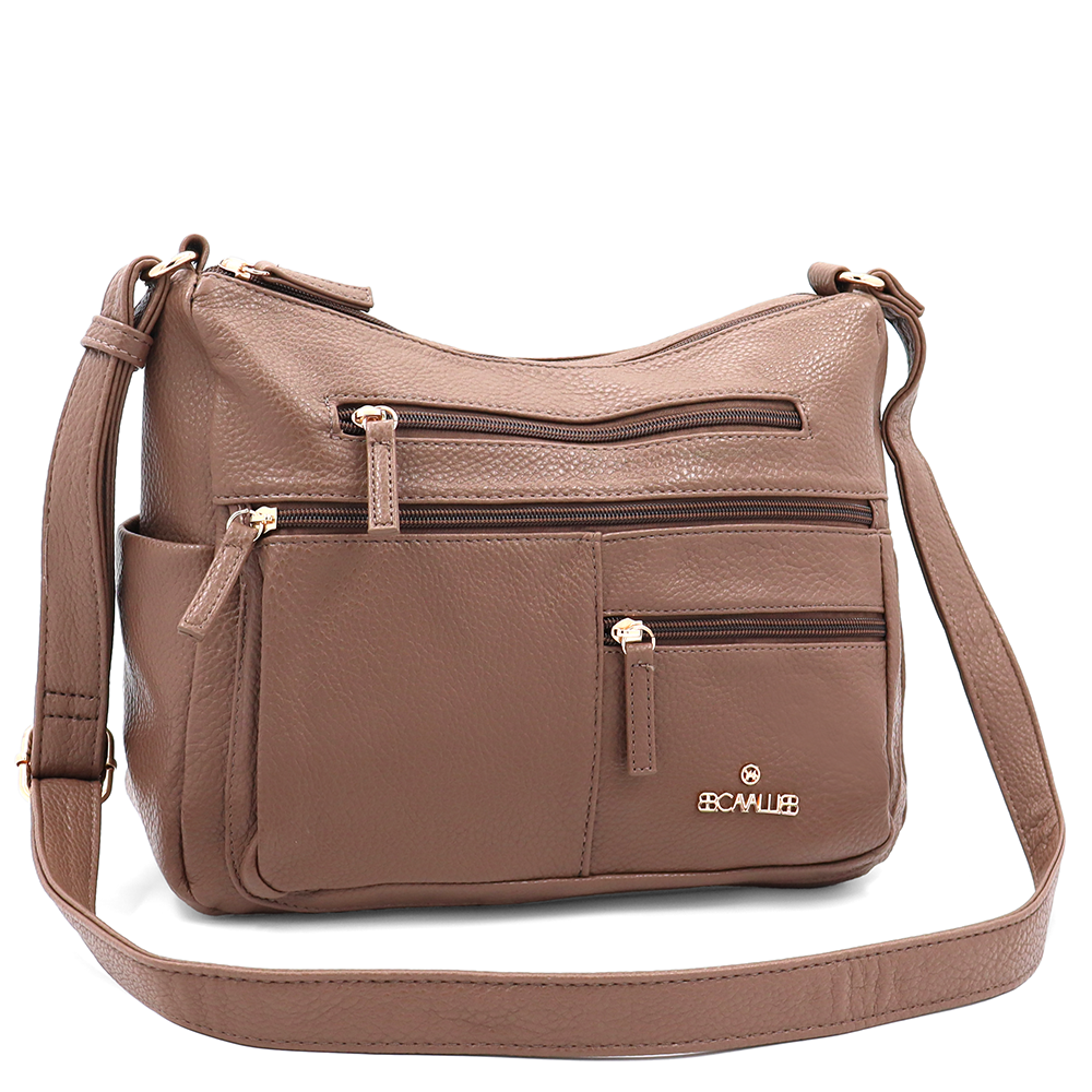 Kétrekeszes női válltáska sok zsebbel – világosbarna