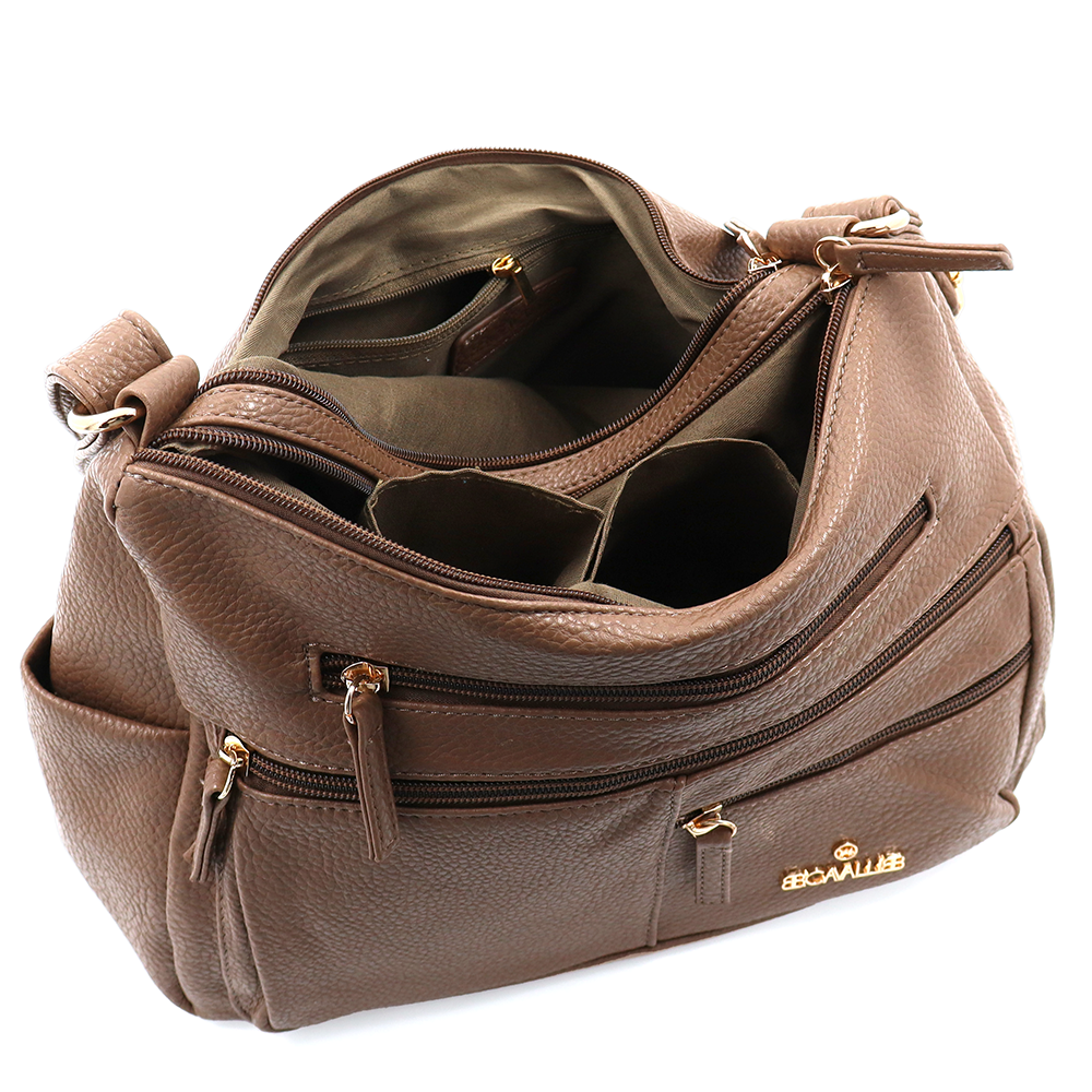 Kétrekeszes női válltáska sok zsebbel – világosbarna