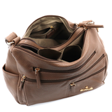 Kétrekeszes női válltáska sok zsebbel – világosbarna