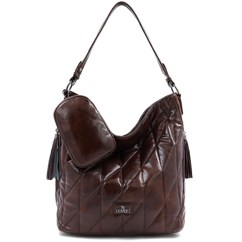 Női steppelt táska típusú táska függő pénztárcával – barna