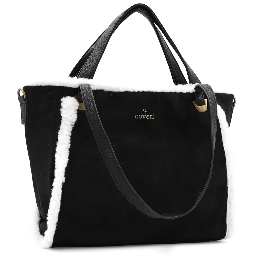 Női táska plüssel és kétféle pánttal – fekete