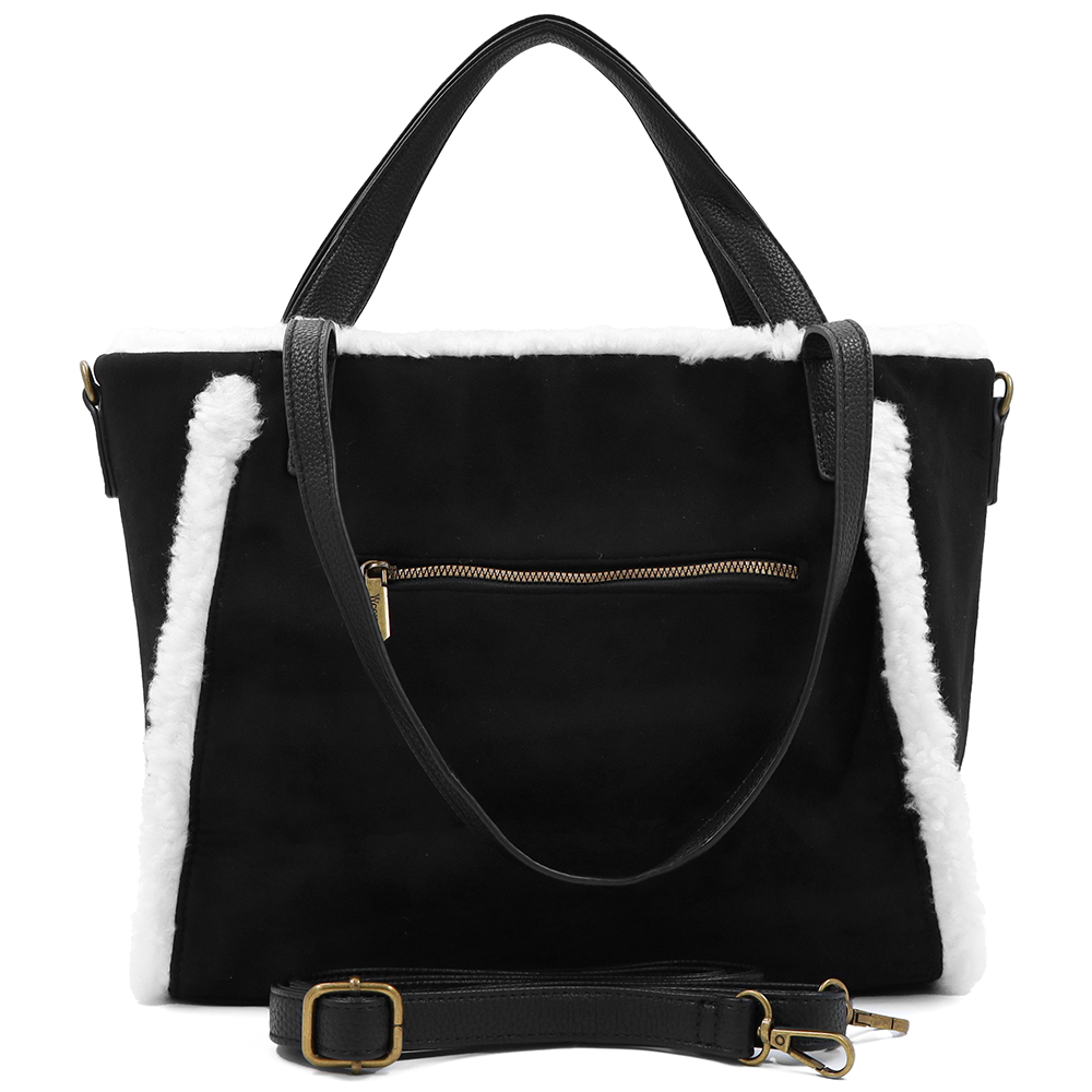 Női táska plüssel és kétféle pánttal – fekete