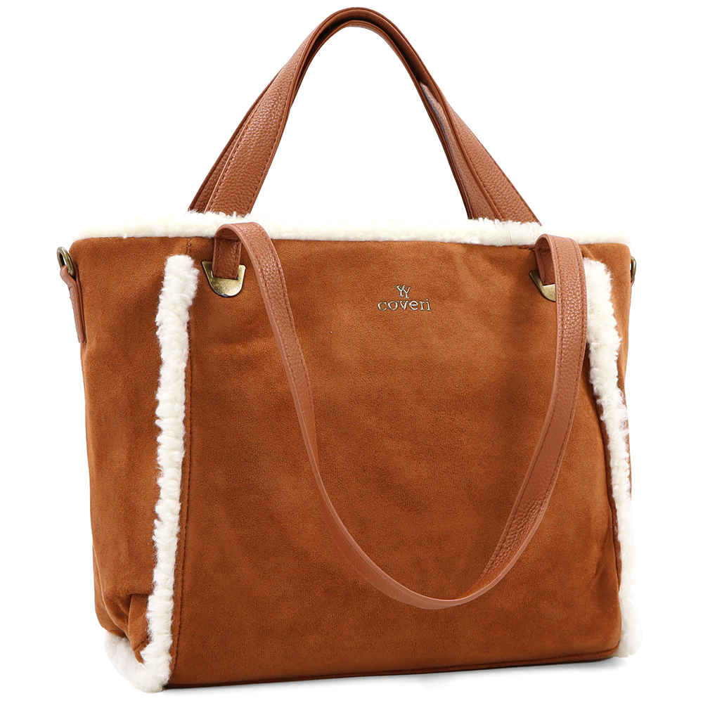 Női táska plüssel és kétféle pánttal – téglabarna