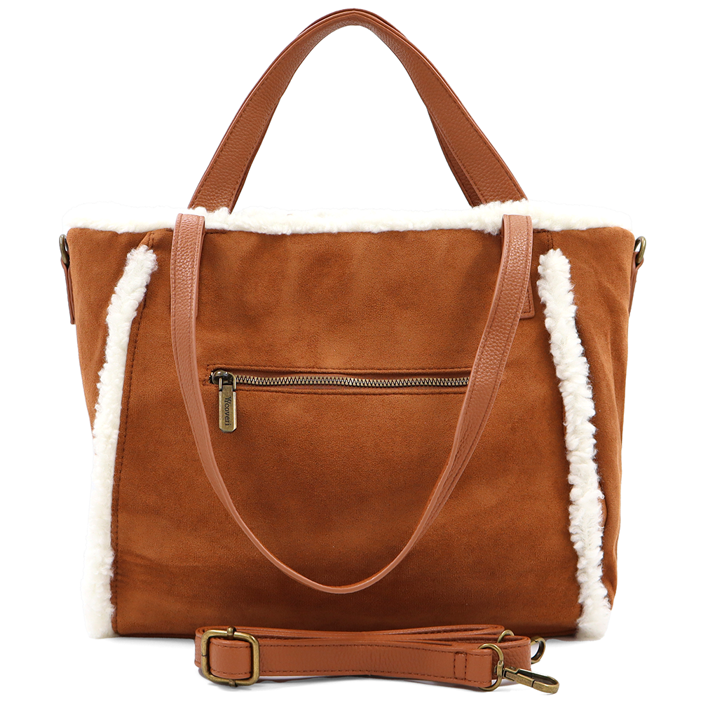 Női táska plüssel és kétféle pánttal – téglabarna