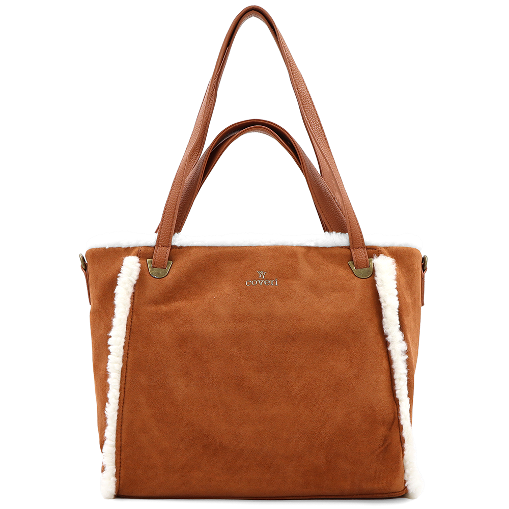 Női táska plüssel és kétféle pánttal – téglabarna