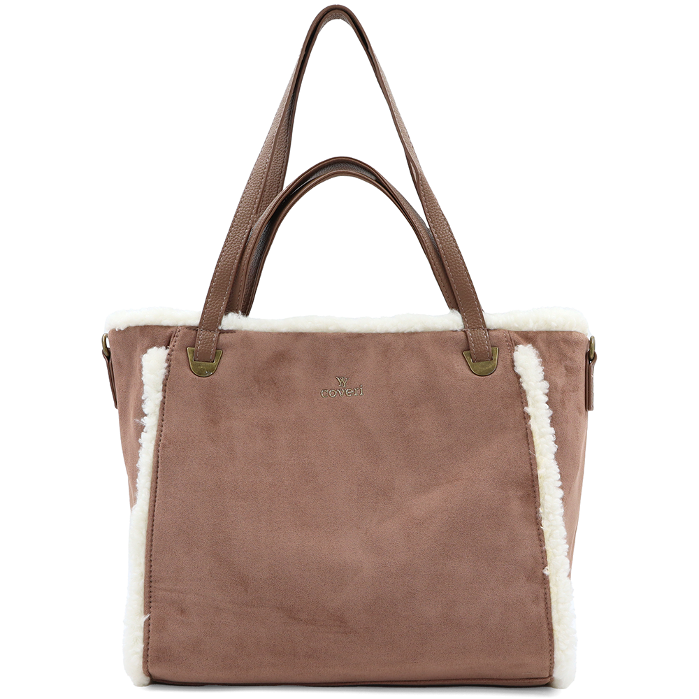 Női táska plüssel és kétféle pánttal – világosbarna