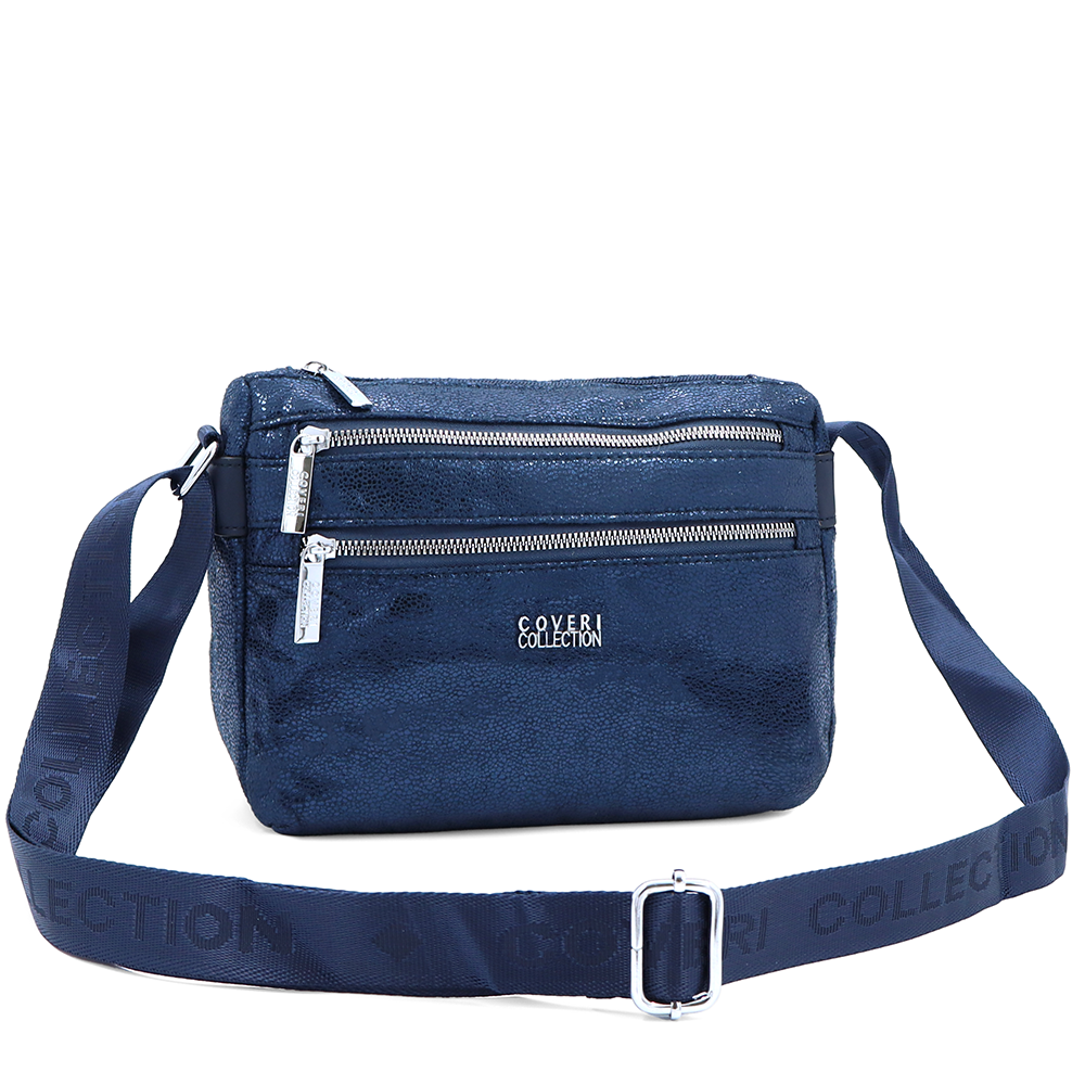 Vállra akasztható női táska metál hatással – sötétkék