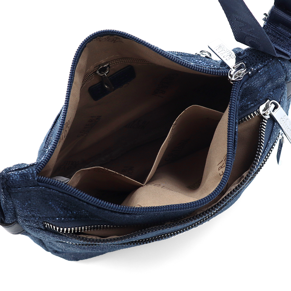 Vállra akasztható női táska metál hatással – sötétkék