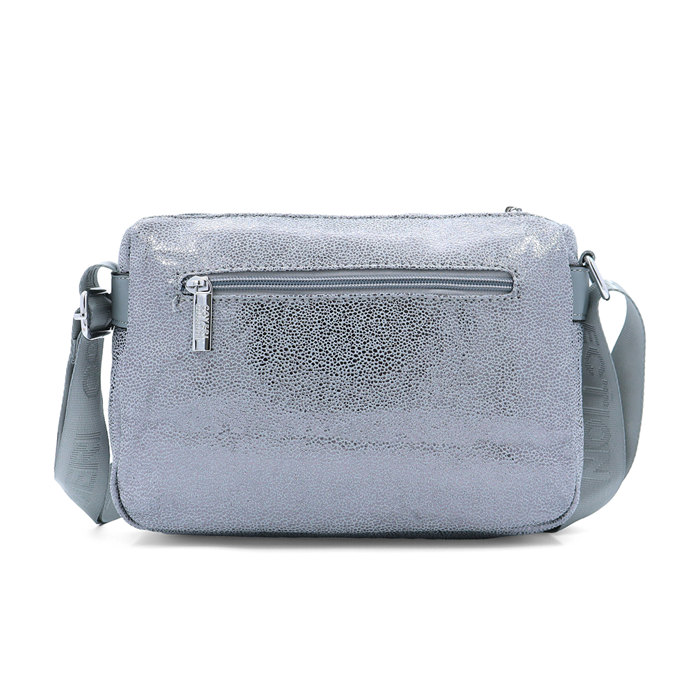 Vállra akasztható női táska metál hatással – szürke