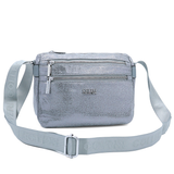 Vállra akasztható női táska metál hatással – szürke