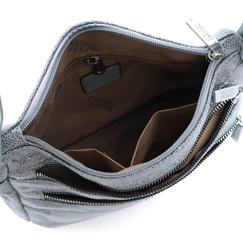 Vállra akasztható női táska metál hatással – szürke