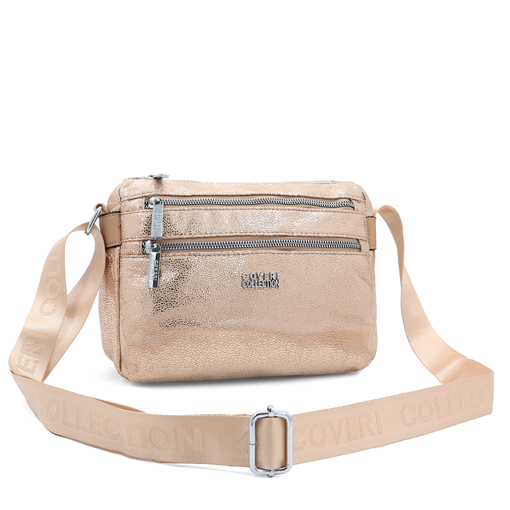 Vállra akasztható női táska metál hatással – világosbarna