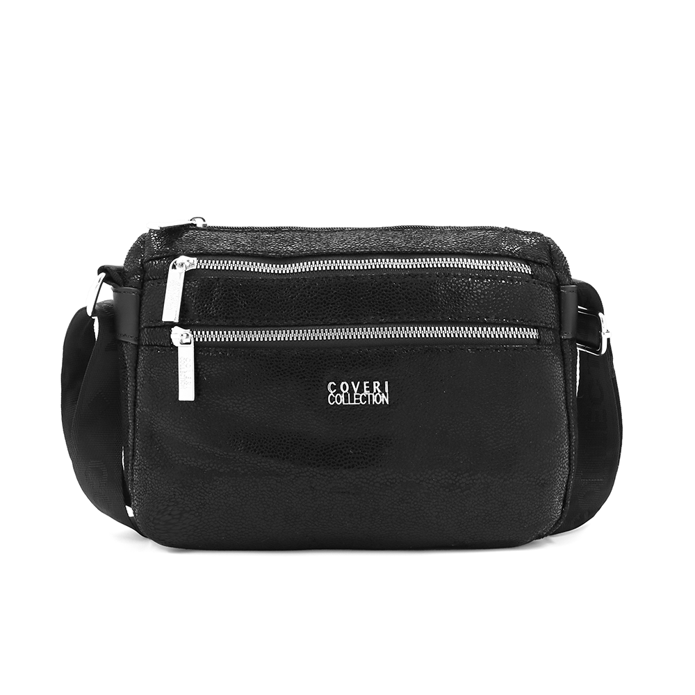 Vállra akasztható női táska metál hatással – fekete