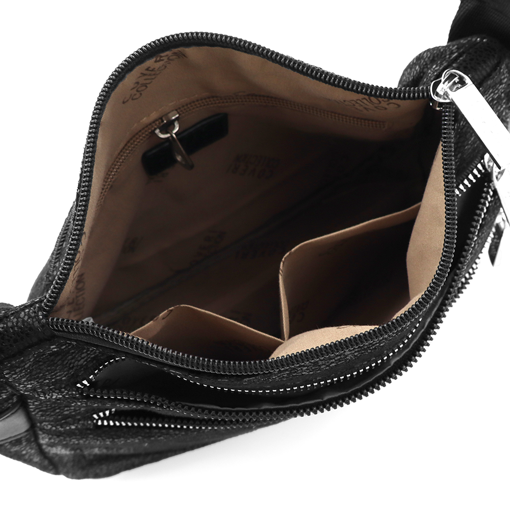 Vállra akasztható női táska metál hatással – fekete