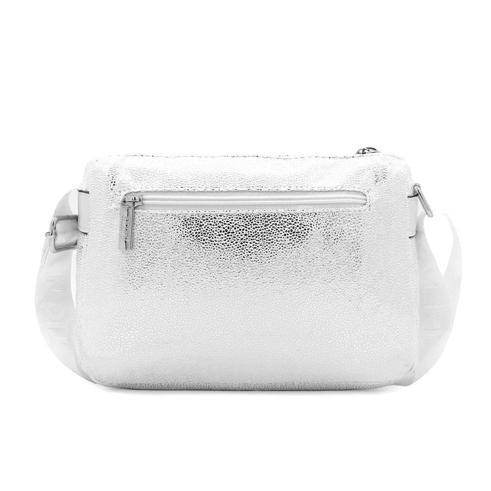 Vállra akasztható női táska metál hatással – fehér