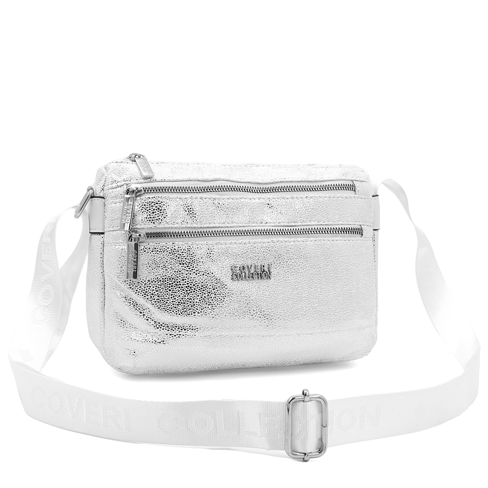 Vállra akasztható női táska metál hatással – fehér