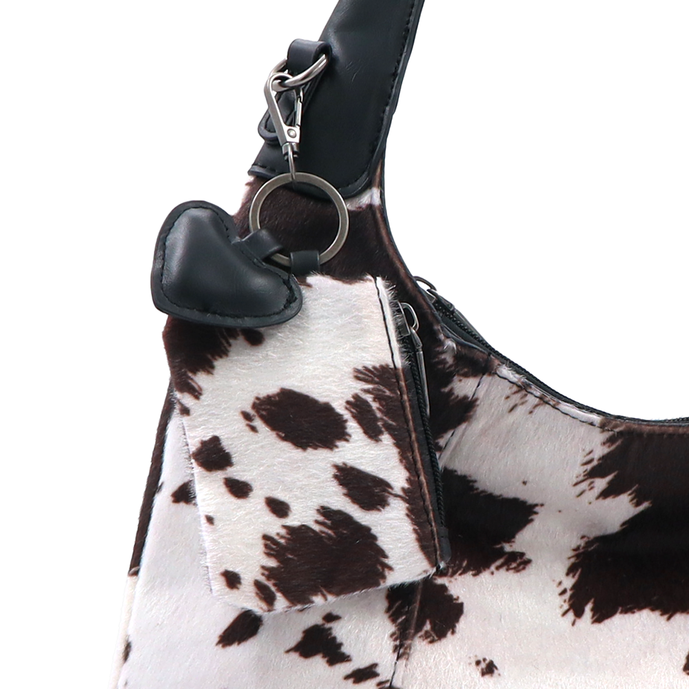 Női táska típusú táska tehénmintás dizájnnal és lógó pénztárcával – fekete