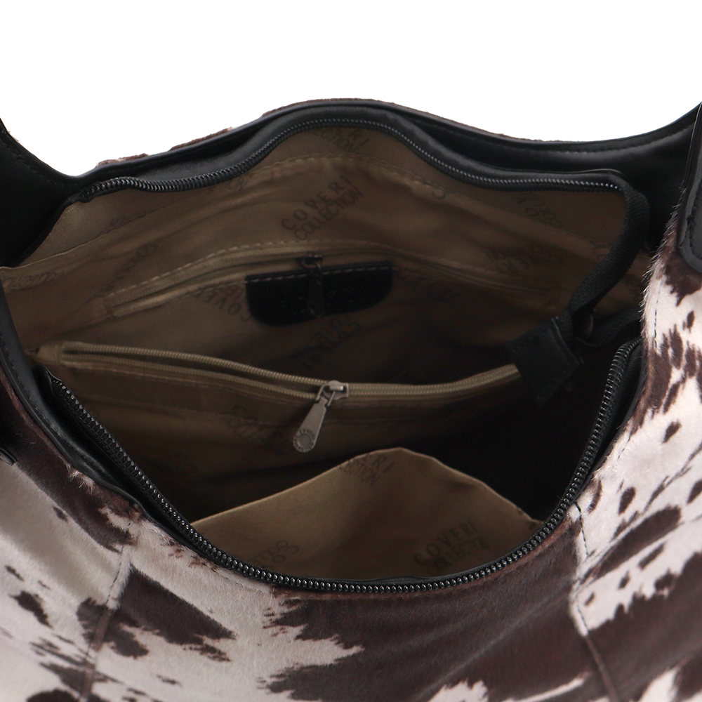 Női táska típusú táska tehénmintás dizájnnal és lógó pénztárcával – fekete