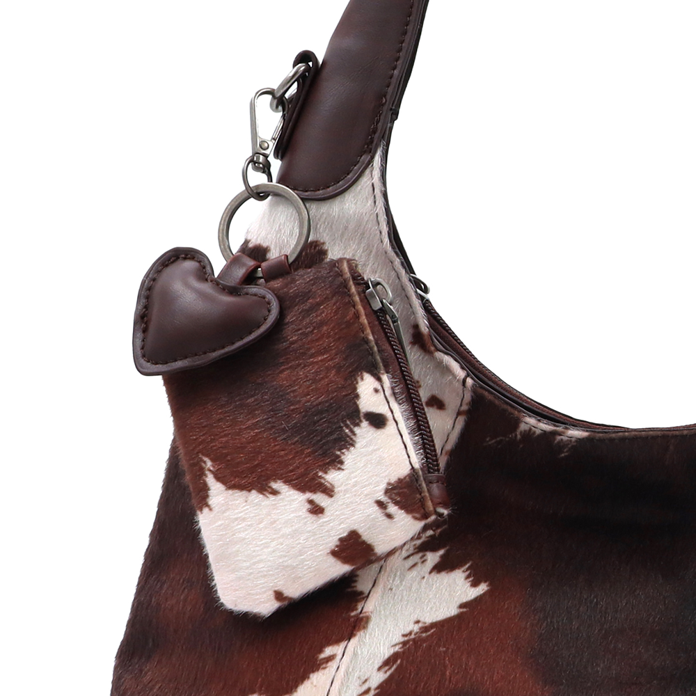 Női táska típusú táska tehénmintás dizájnnal és lógó pénztárcával – barna