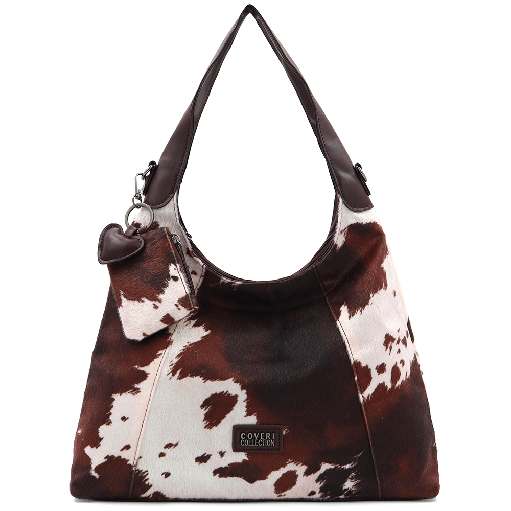 Női táska típusú táska tehénmintás dizájnnal és lógó pénztárcával – barna