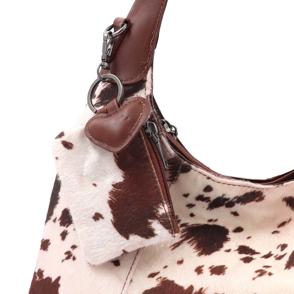 Női táska típusú táska tehénmintás dizájnnal és lógó pénztárcával – téglabarna