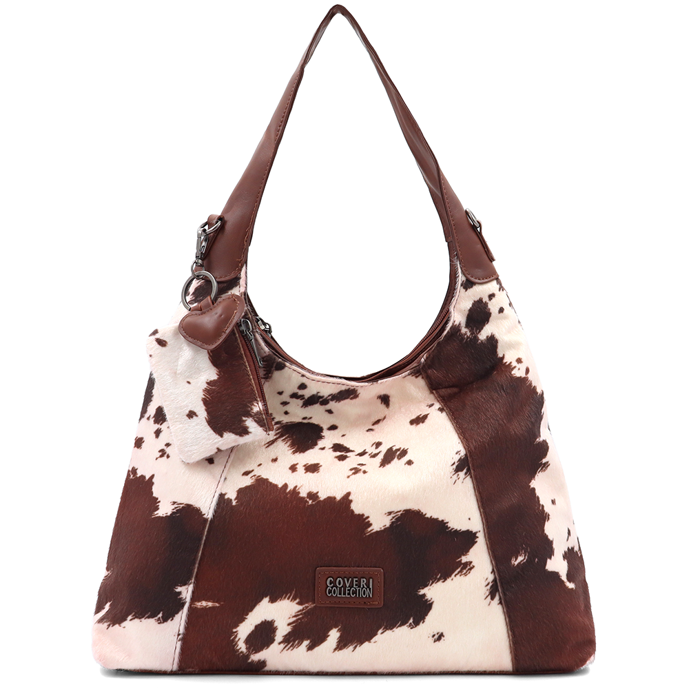 Női táska típusú táska tehénmintás dizájnnal és lógó pénztárcával – téglabarna