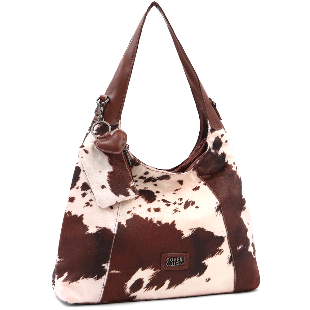 Női táska típusú táska tehénmintás dizájnnal és lógó pénztárcával – téglabarna