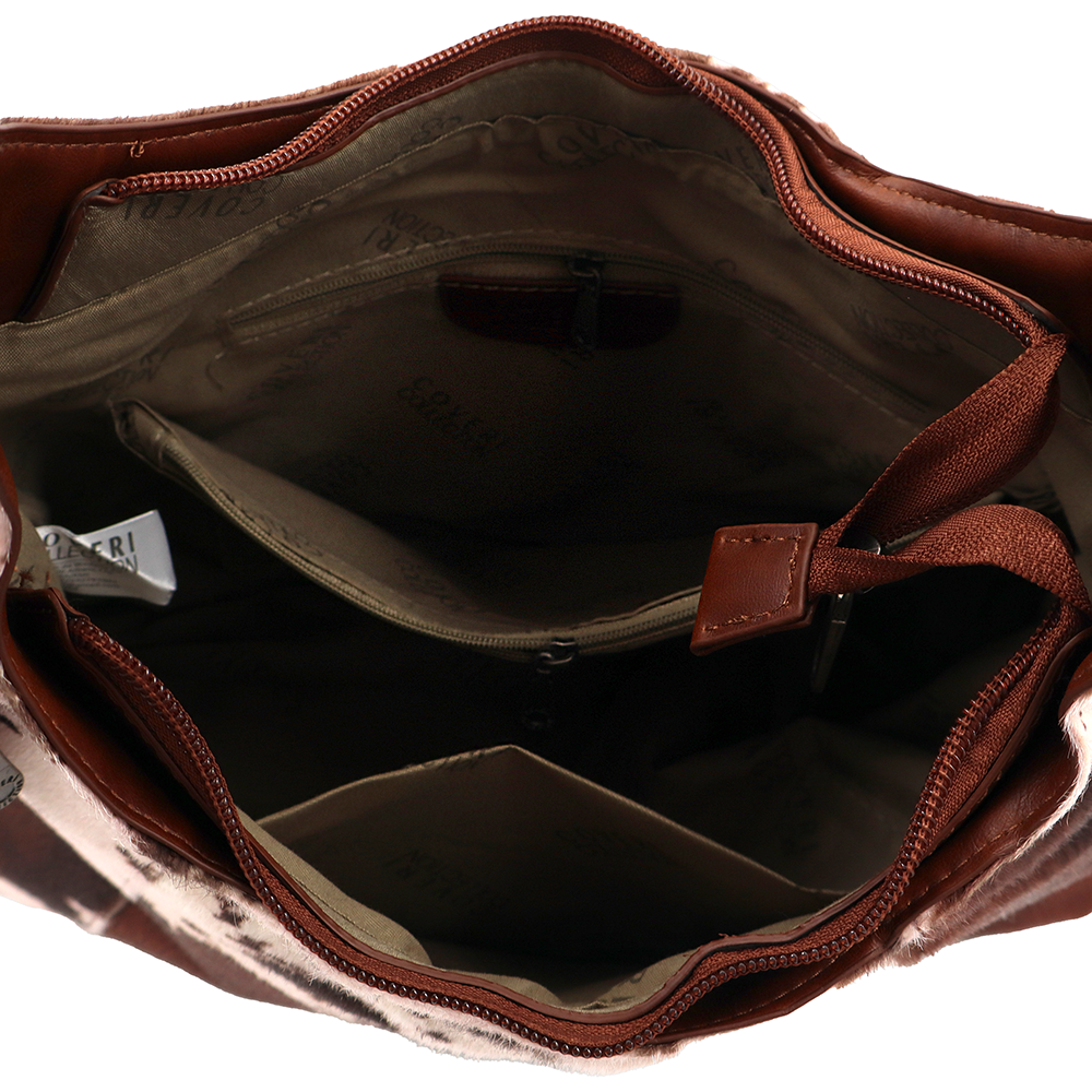 Női táska típusú táska tehénmintás dizájnnal és lógó pénztárcával – téglabarna